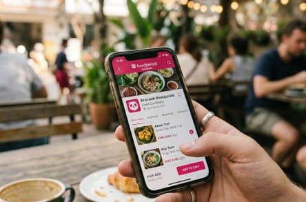 Customer ordering on the foodpanda app at a café table