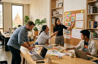 The team planning a campaign at a whiteboard