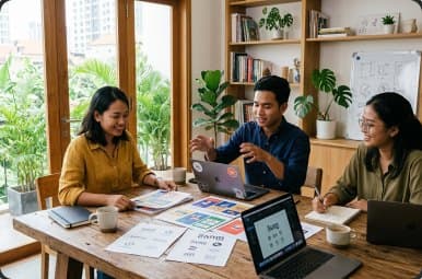 Three teammates reviewing designs at a table