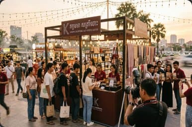 Crowd at a branded event booth at night