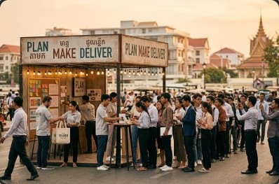 Visitors queueing at a Plan Make Deliver pop-up booth