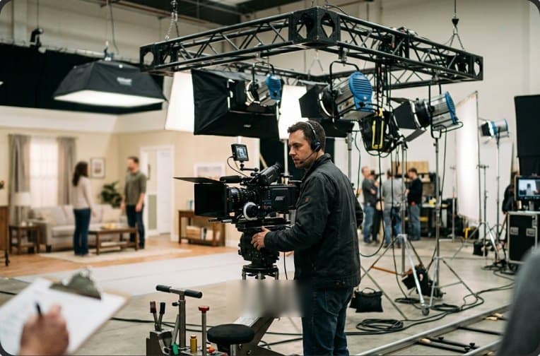 Camera operator filming on a studio set
