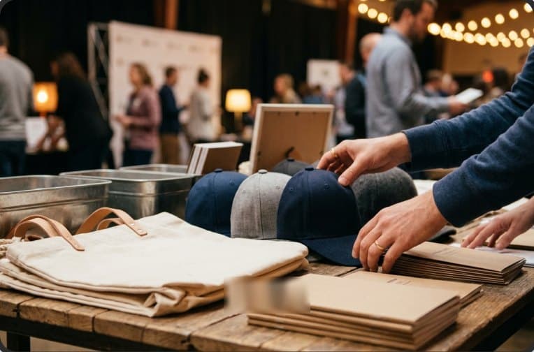 Branded caps and tote bags laid out on a table