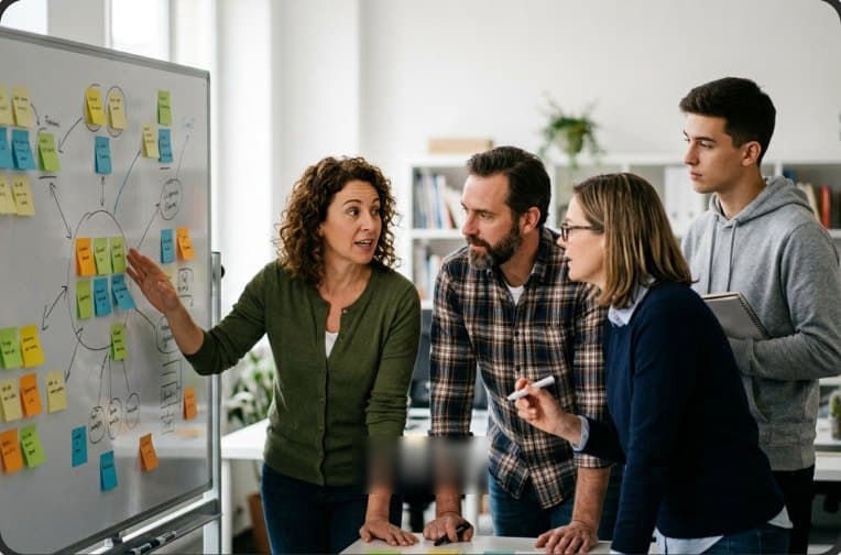 Team mapping ideas on a whiteboard of sticky notes